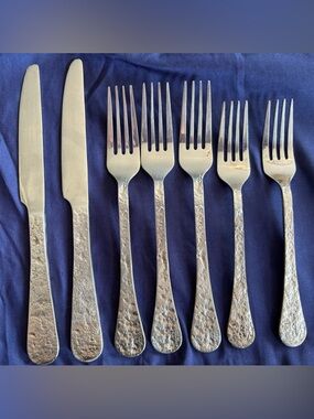 Cambridge KASHMIRA PEWTER 7 piece India Stainless Hammered Knife Forks